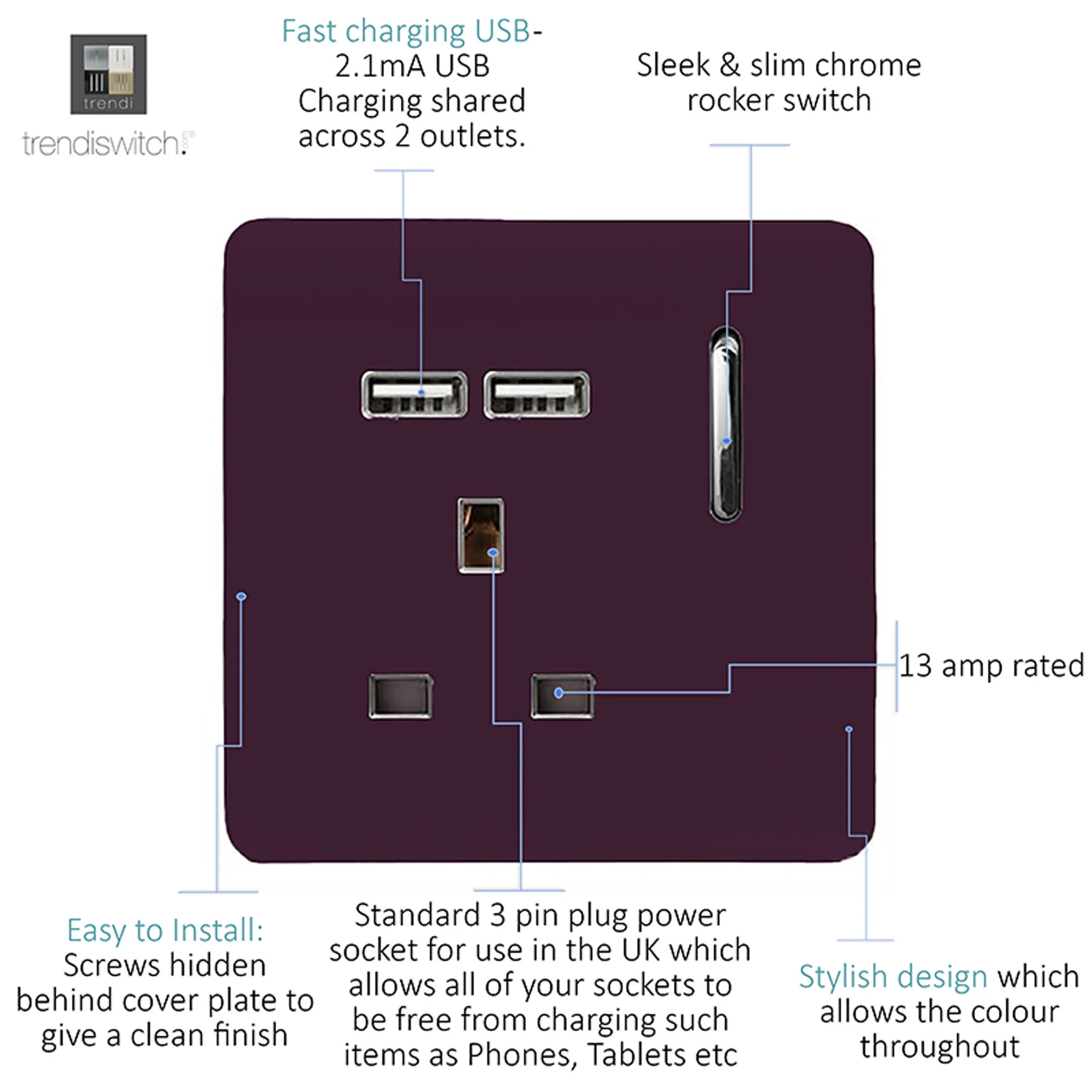 1 Gang 13Amp Switched Single Socket With 2 x USB Plum ART-SKT13USBPL  Trendi Plum